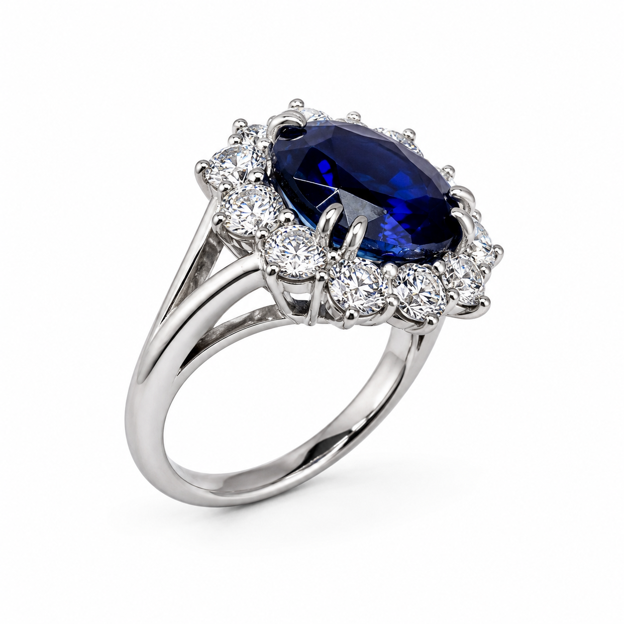 Platinum Williams Signature Cushion Cut Blue Sapphire Ring with Diamond Halo