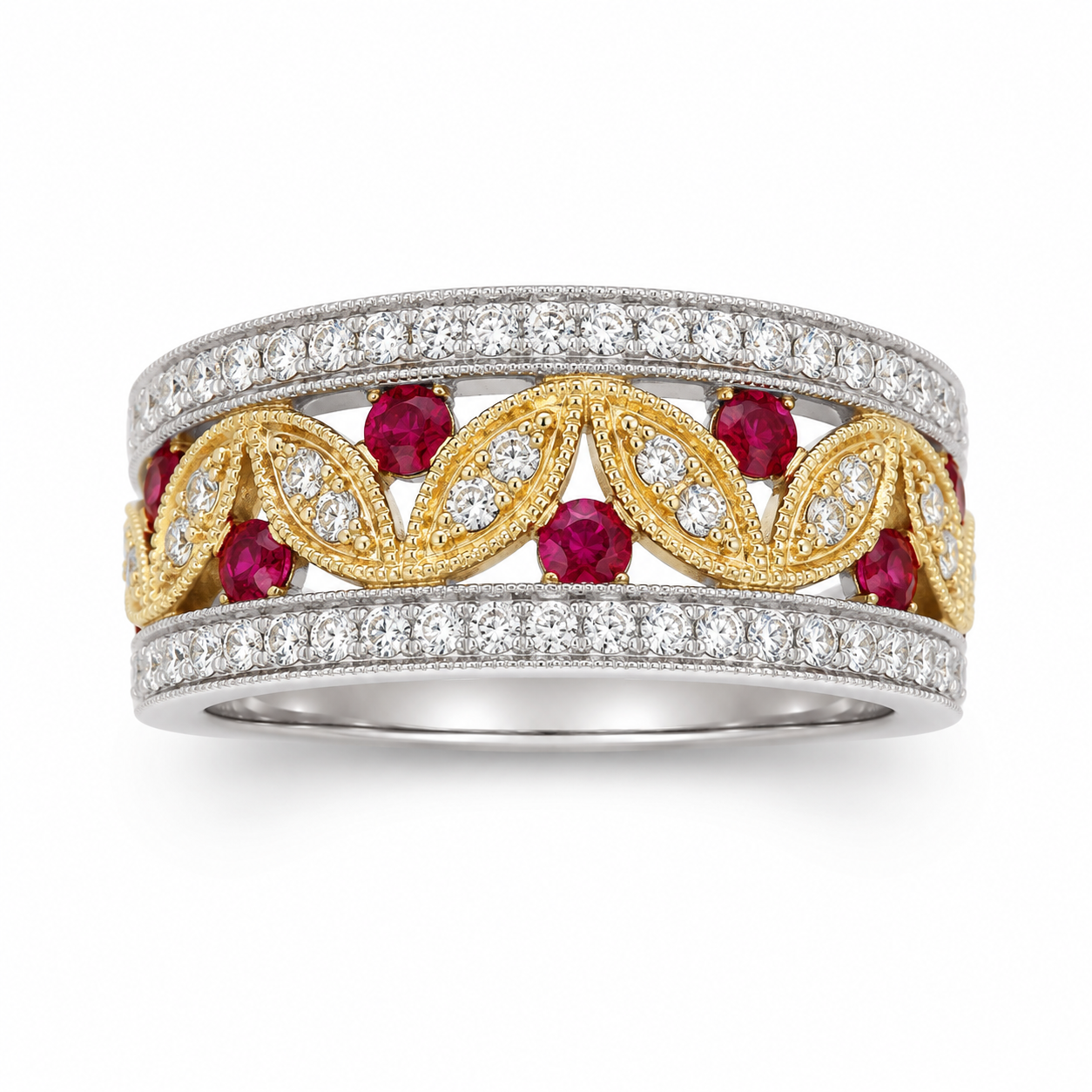14KW/Y Williams Signature Ruby and Diamond Floral Milgrain Band