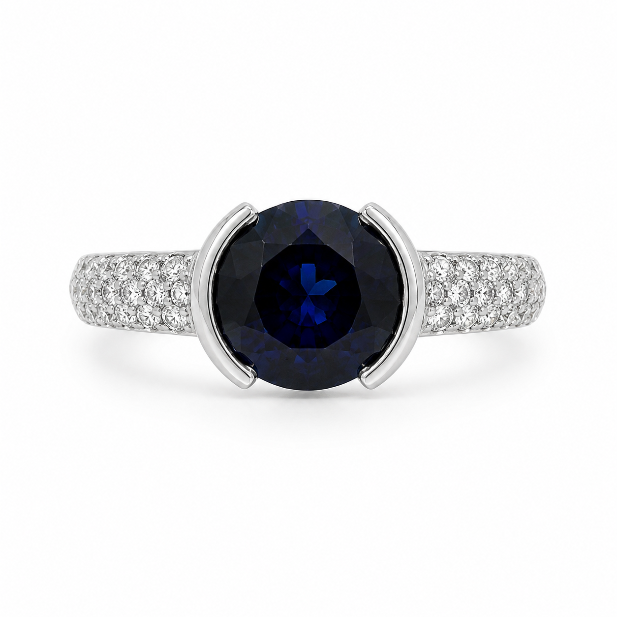 Platinum Estate Blue Sapphire Semi Bezel Set Ring with Diamond Accent