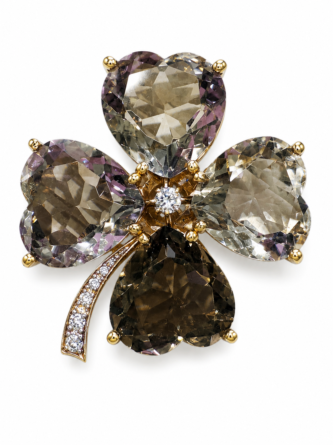 14KY Estate Shamrock Smoky Quartz and Citrine Brooch