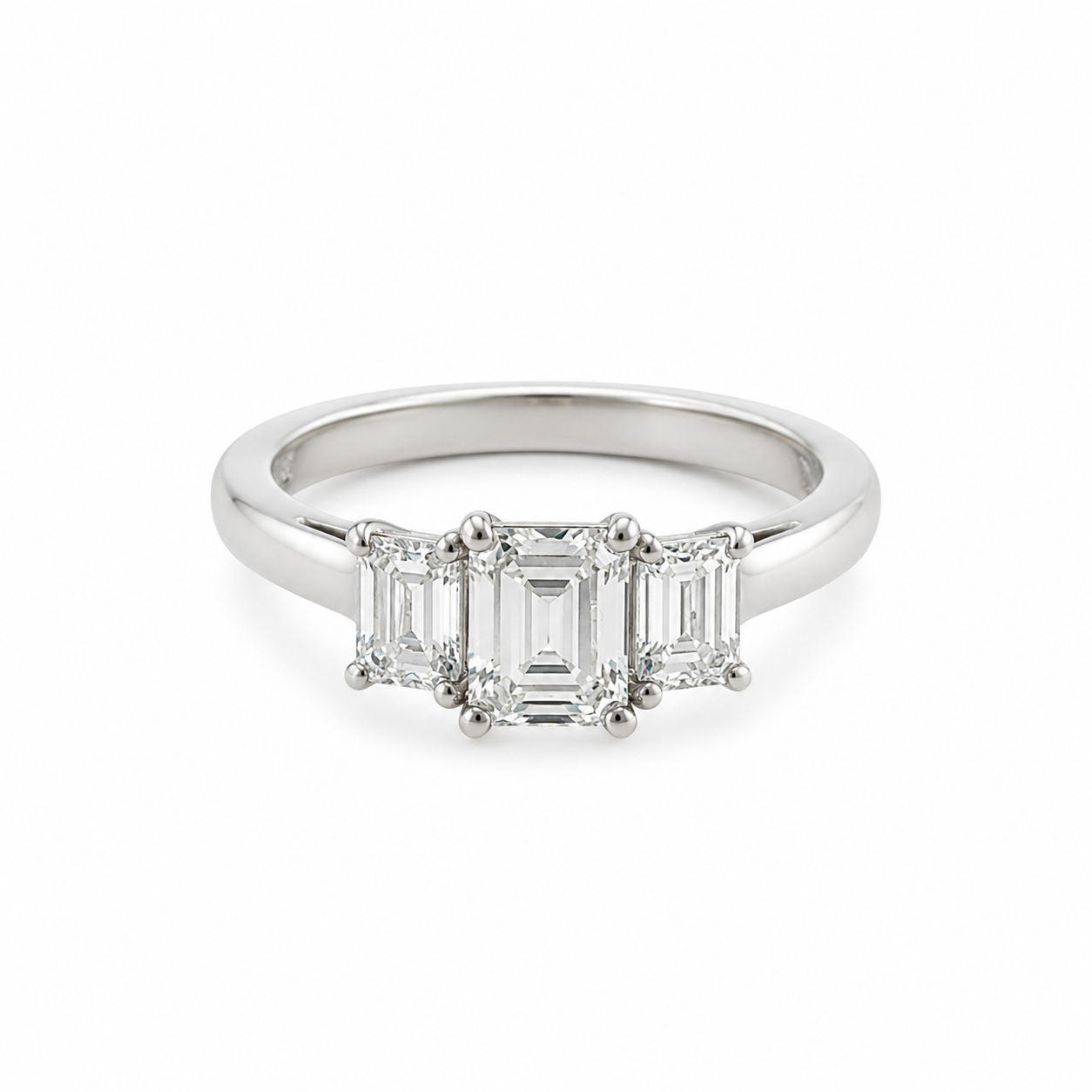 Platinum Estate Emerald Cut Three Stone Diamond Engagement Ring