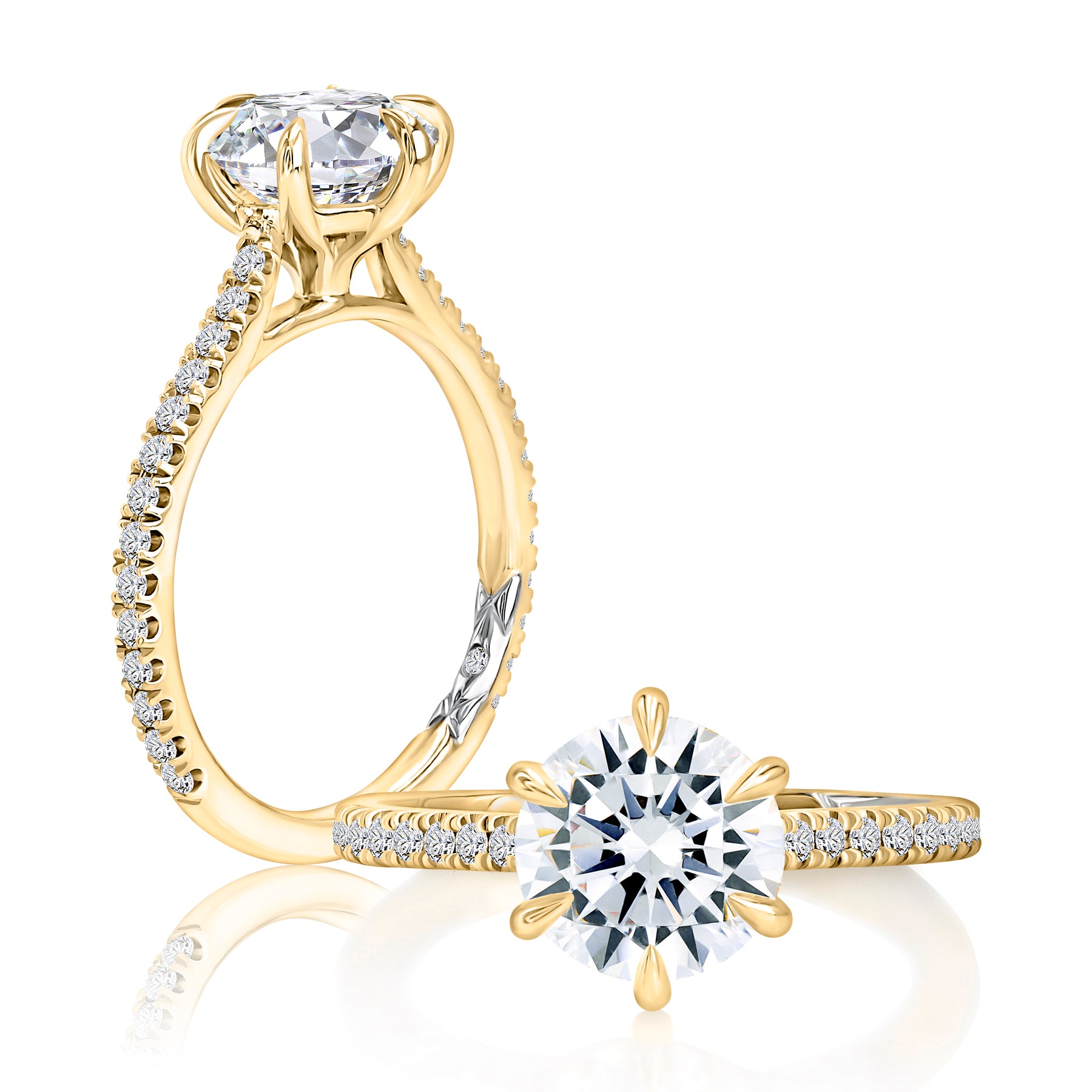 14KY A. Jaffe Round Solitaire Engagement Ring with Diamond Pave Band