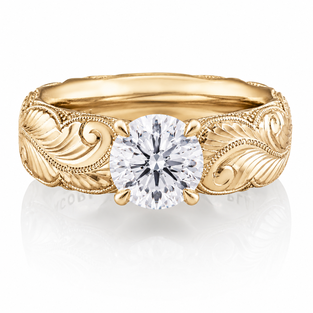 18KY Tacori Founder's Collection Wheat Hand Engraved Cigar Solitaire with 2.51ct Round Lab Grown Diamond