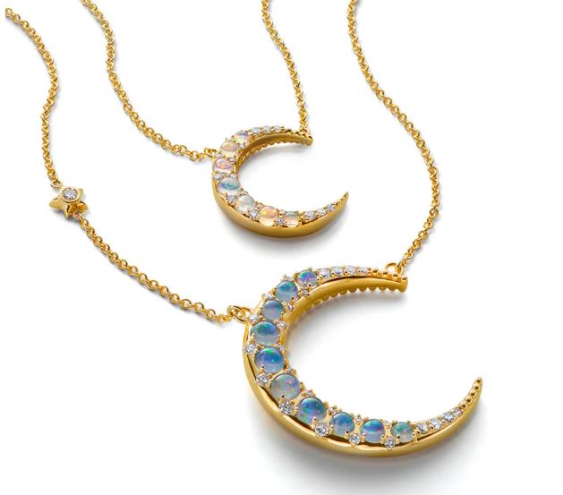 18KY Sun, Moon And Stars Water Opal Crescent Moon Necklace