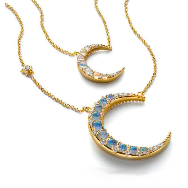 18KY Sun, Moon And Stars Water Opal Crescent Moon Necklace