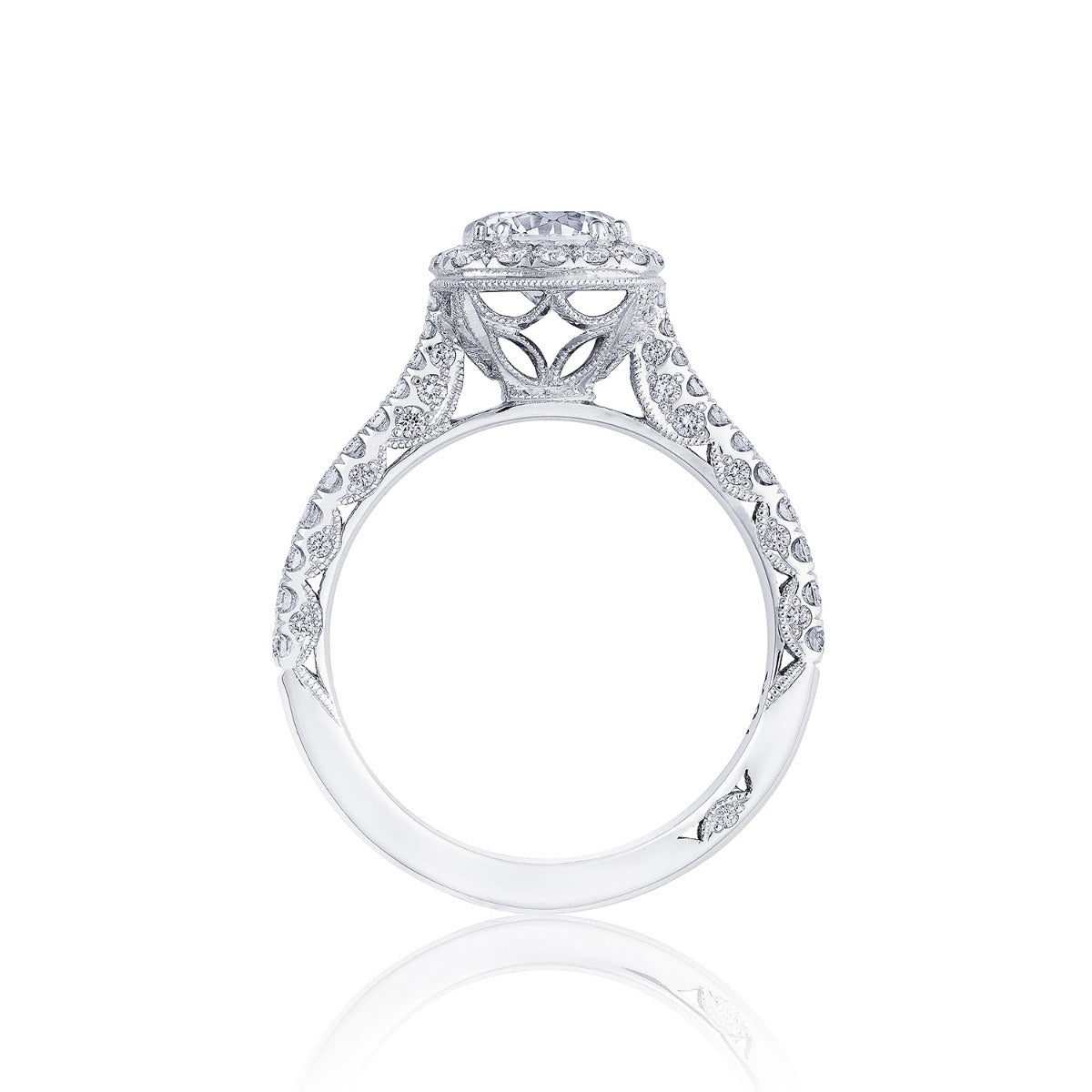 18KW Petite Crescent Round With Cushion Bloom Engagement Ring